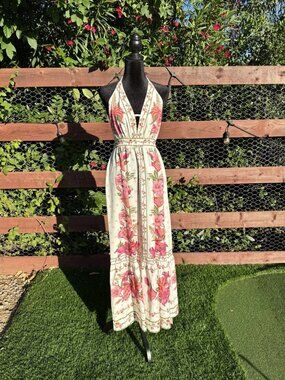Commense XS Floral Halter Maxi Dress White Pink Green Chiffon Ruffle Lined